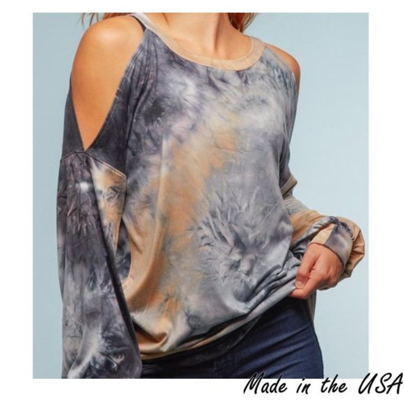 Tops - Bubble Sleeve Tie Dye Cold Shoulder Top